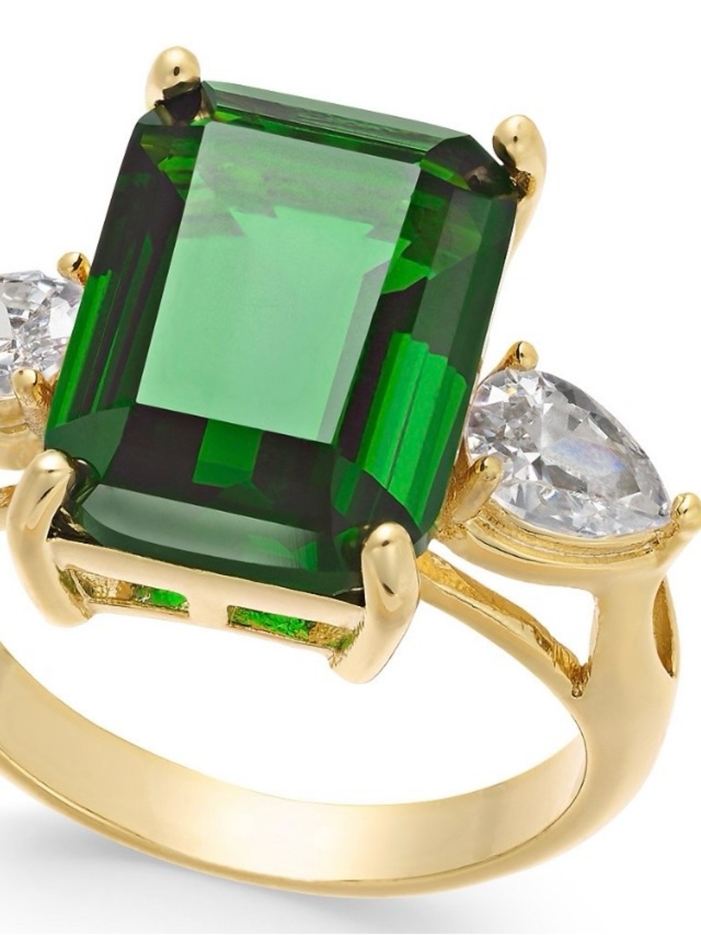 Gold Ring with Emerald Green Center Stone and Clear Side Stones size 8